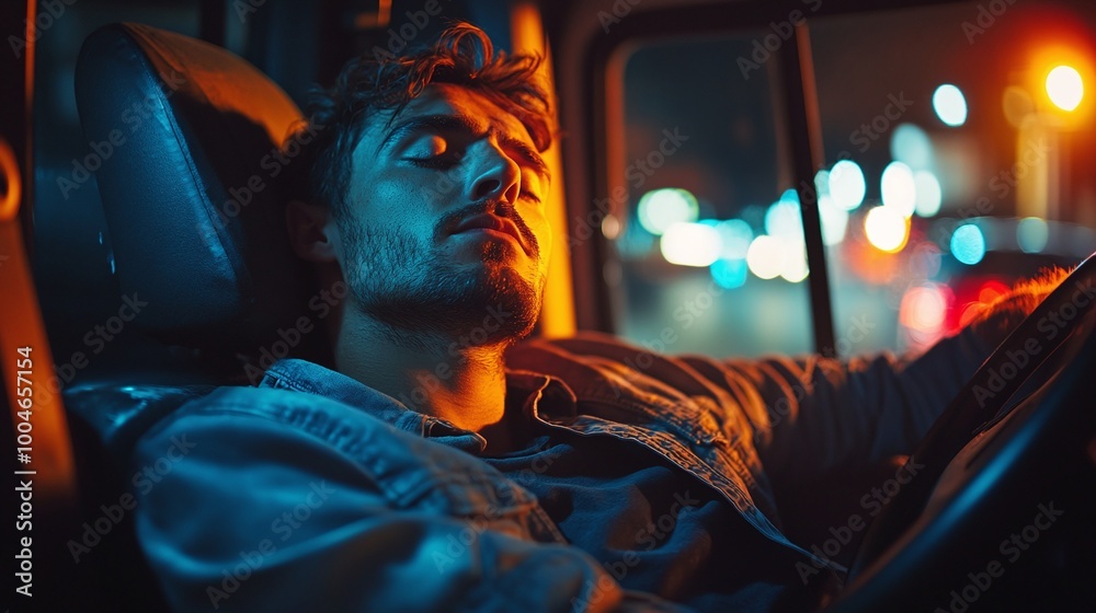 Obraz premium truck driver fatigue and exhaustion depicted as a driver sleeps behind the wheel after long night shifts, illustrating the negative impact of an unhealthy driving lifestyle