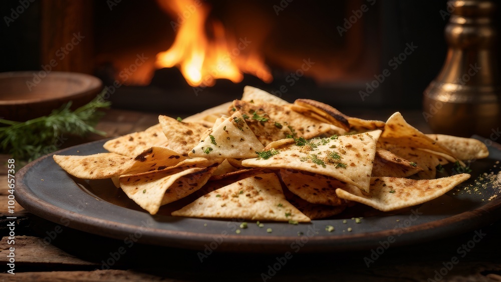 Baked pita bread chips with zaatar are ideal for dipping in hummus or sprinkling with salad. Baked pita bread chips with zaatar are ideal for dipping in hummus or sprinkling with salad.