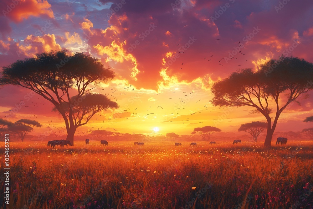 A stunning sunset over the African savanna, with elephants grazing in the foreground. A stunning sunset over the African savanna, with elephants grazing in the foreground.