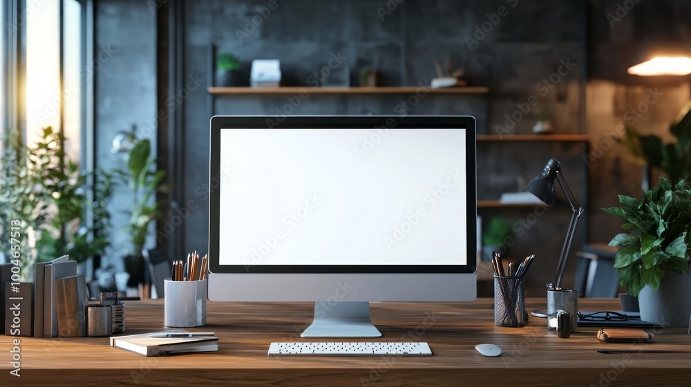 A modern workspace featuring a computer, desk accessories, and indoor plants. A modern workspace featuring a computer, desk accessories, and indoor plants.