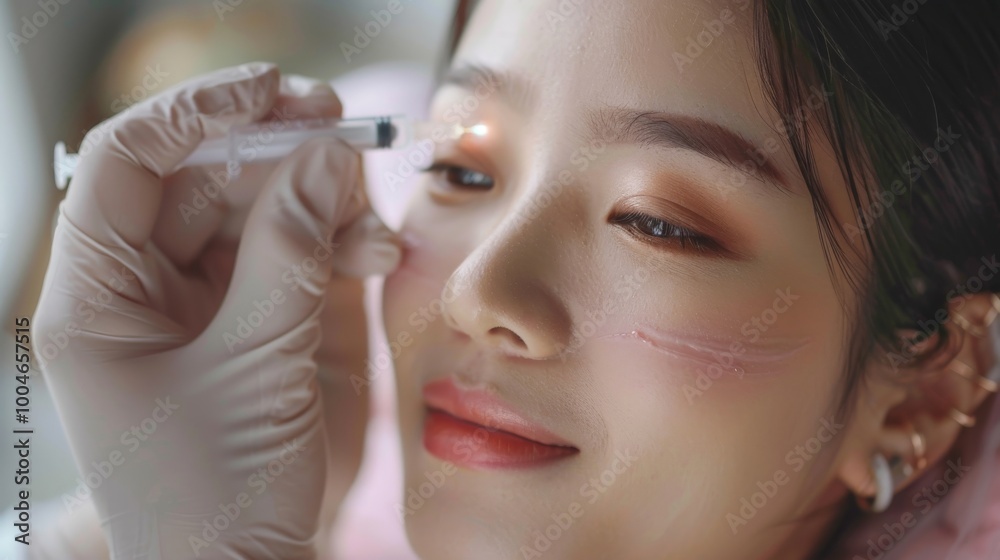 Asian girl at a beauty clinic receiving cosmetic surgery for skin whitening and rejuvenation, achieving a youthful appearance Asian girl at a beauty clinic receiving cosmetic surgery for skin whitening and rejuvenation, achieving a youthful appearance