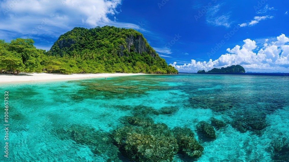 Stunning tropical beach with clear turquoise water and lush greenery under a bright blue sky. Stunning tropical beach with clear turquoise water and lush greenery under a bright blue sky.