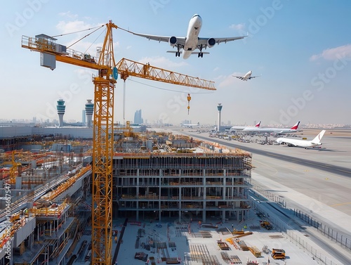 Hotel construction site near airport, planes taking off in background, modern travel hub, hotel under construction, transportation node