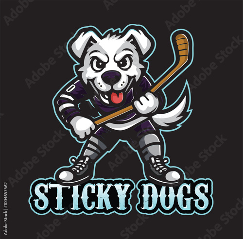 a Mascot logo of a dog holding a hockey stick, standing pose, front pose, beautiful mascot logo 