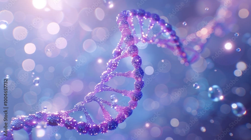 Beautiful pink DNA double helix spiral with light bokeh and bubbles, gracefully floating on a blue background Beautiful pink DNA double helix spiral with light bokeh and bubbles, gracefully floating on a blue background