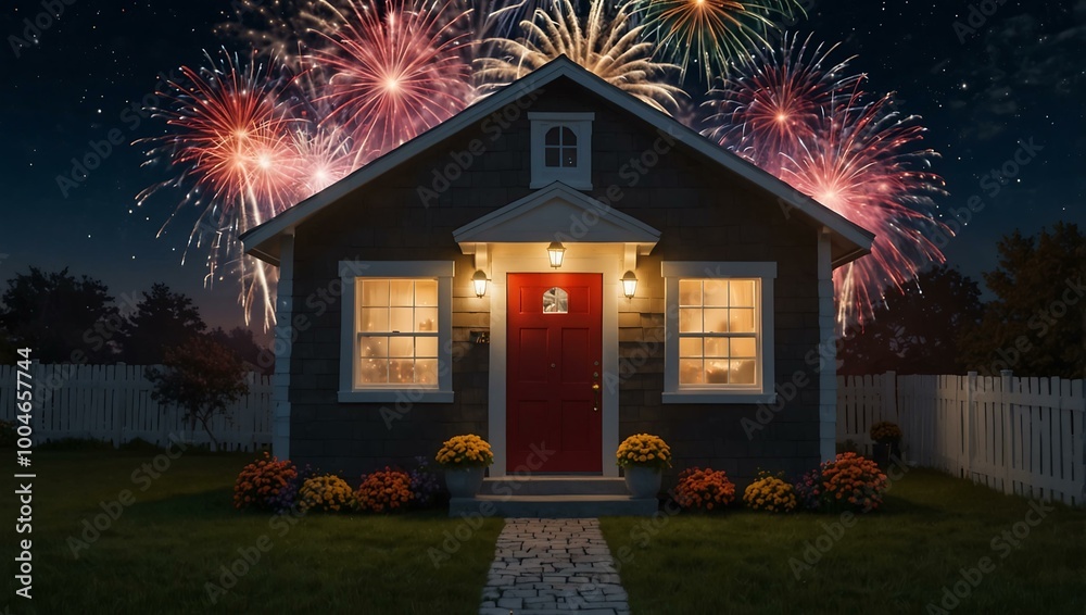 Festive house with glowing door for 2025 amidst fireworks.