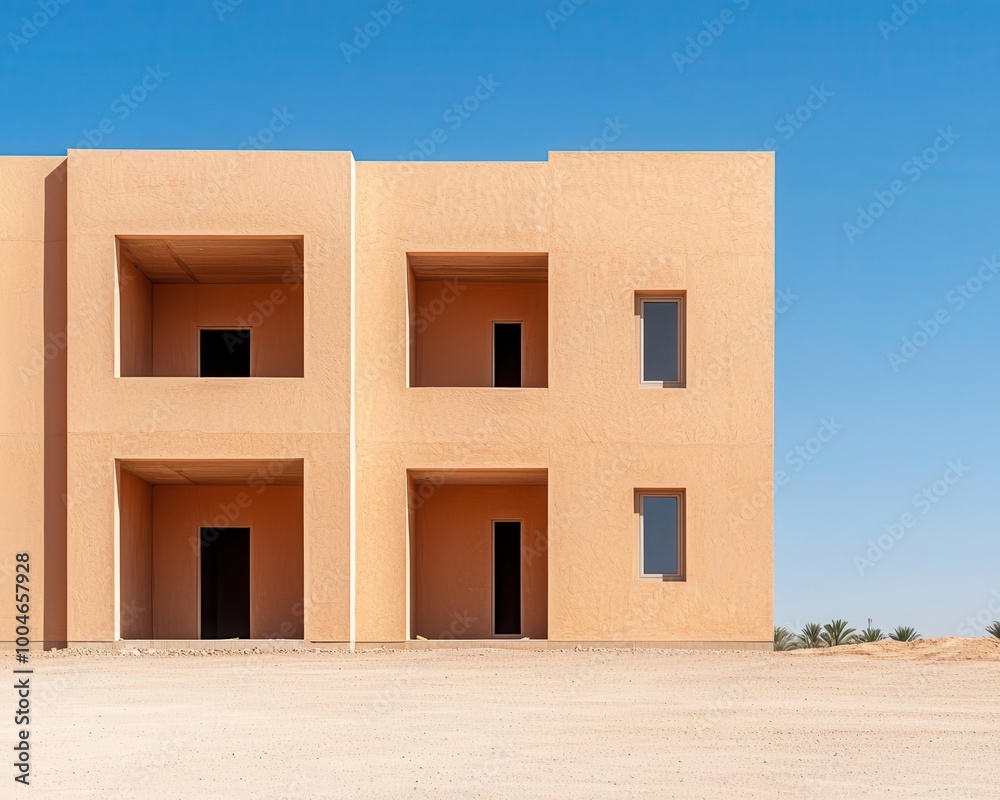 Hotel construction site in desert, modern architecture with unique sand-colored facade, hotel under construction, desert oasis Hotel construction site in desert, modern architecture with unique sand-colored facade, hotel under construction, desert oasis