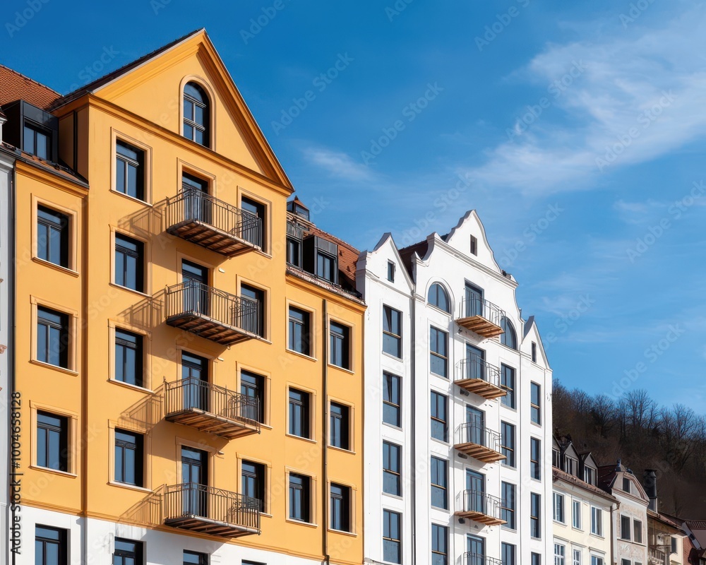 Obraz premium Hotel construction in small town, blending with surrounding historic buildings, hotel under construction, cultural integration