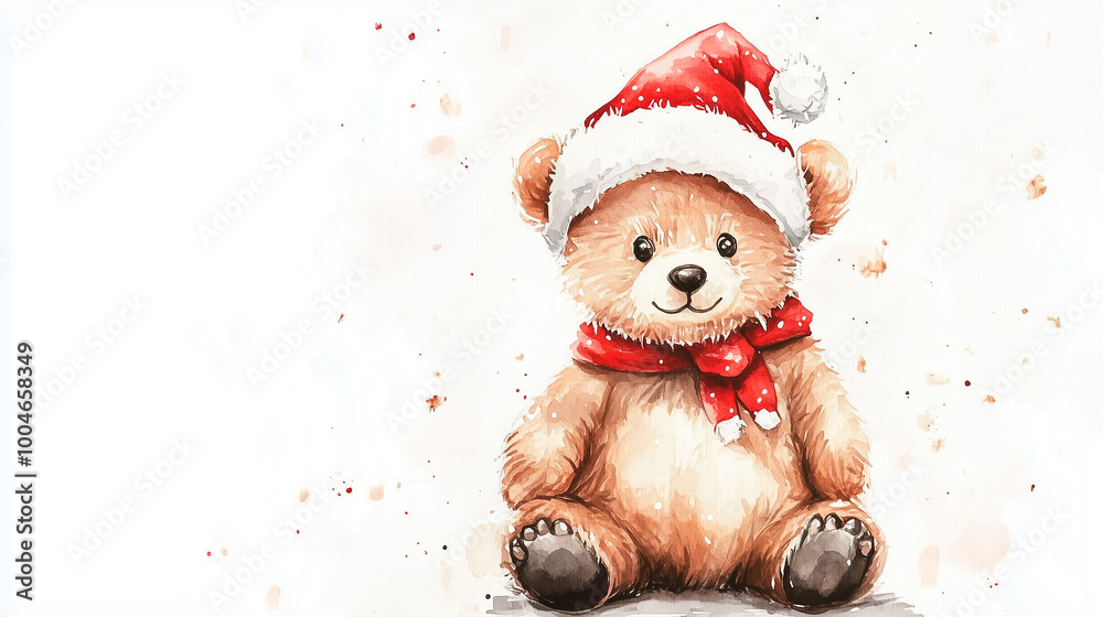 Watercolor Christmas teddy bear with Santa hat and scarf, perfect for children's festive decoration Watercolor Christmas teddy bear with Santa hat and scarf, perfect for children's festive decoration