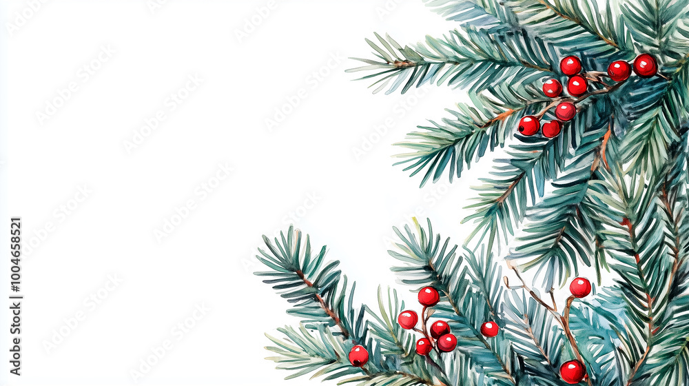Watercolor illustration of green pine branches with red fences and white background Watercolor illustration of green pine branches with red fences and white background