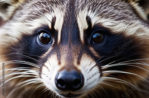 Raccoon face close up. The picture looks like a realistic photo. The animal is very fluffy and beautiful photo