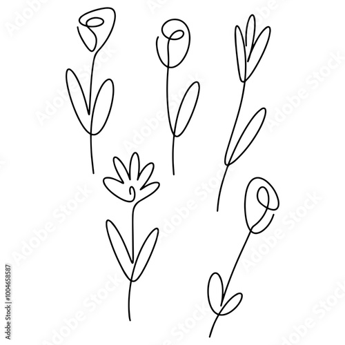 Vector illustration. Flower with one black line without lifting the hand on a white background. Set.