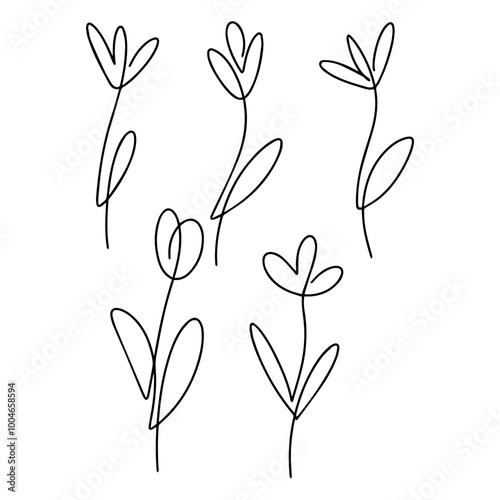 Vector illustration. Flower with one black line without lifting the hand on a white background. Set.