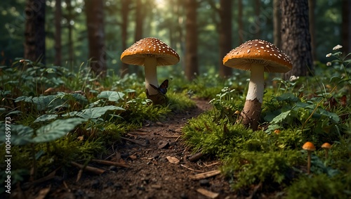 Forest path with mushrooms and a butterfly.