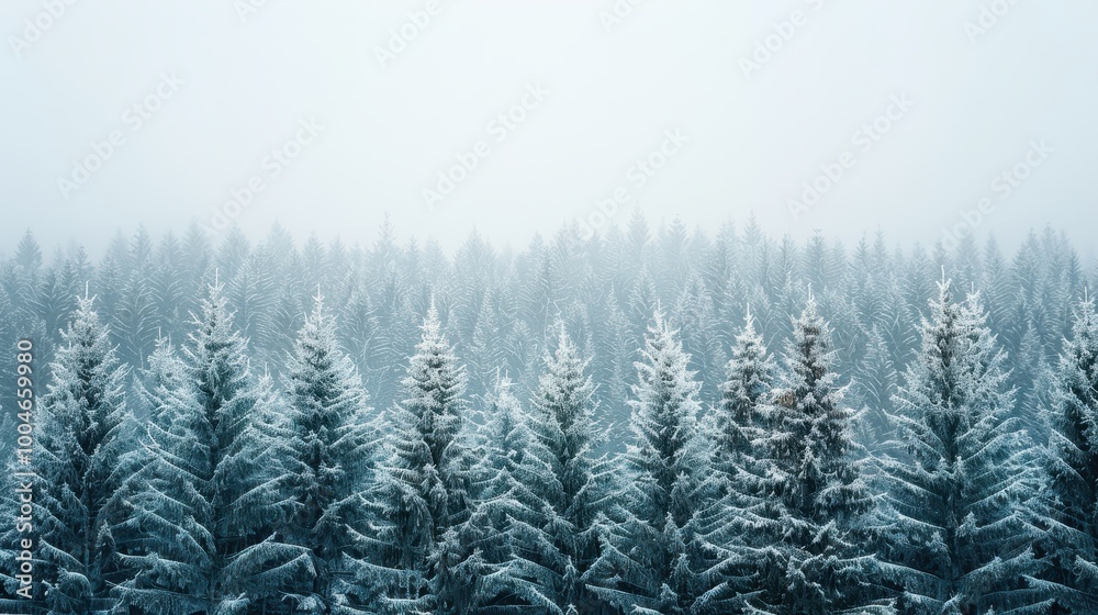 A serene winter forest landscape featuring snow-covered pine trees under a misty sky, creating a tranquil and peaceful atmosphere. A serene winter forest landscape featuring snow-covered pine trees under a misty sky, creating a tranquil and peaceful atmosphere.