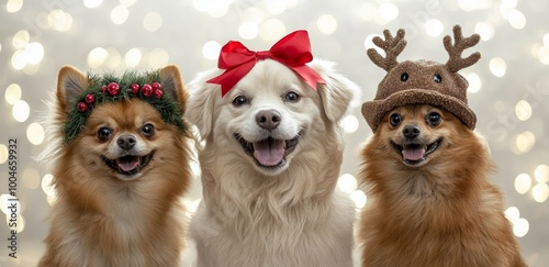 Three cheerful dogs showcase their holiday spirit, adorned with festive hats and bows against a backdrop of soft, twinkling lights