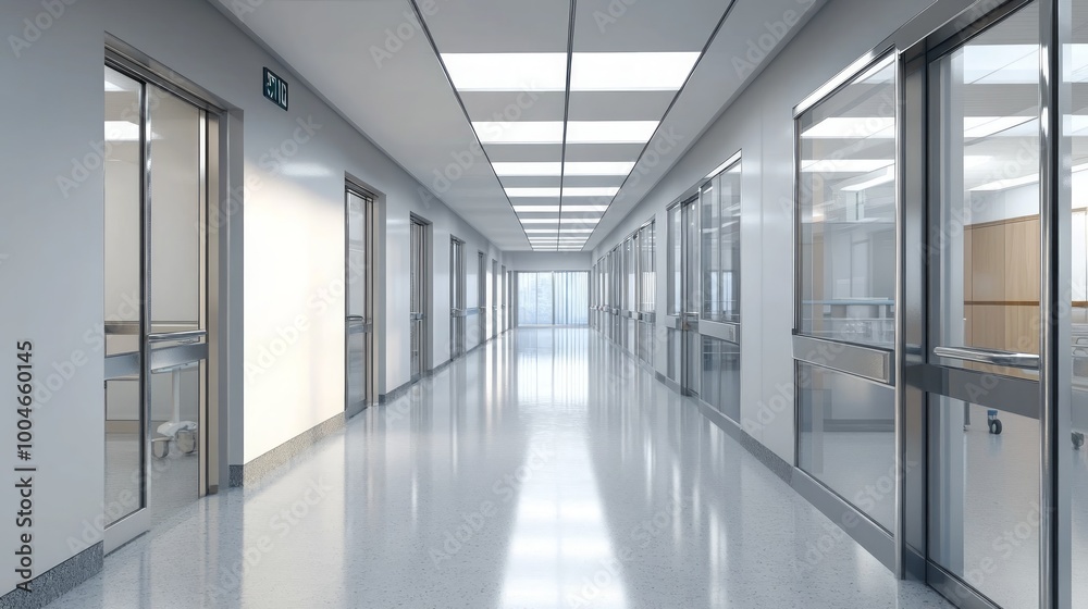 Fototapeta premium A modern, well-lit corridor in a professional building with glass doors and polished floors.