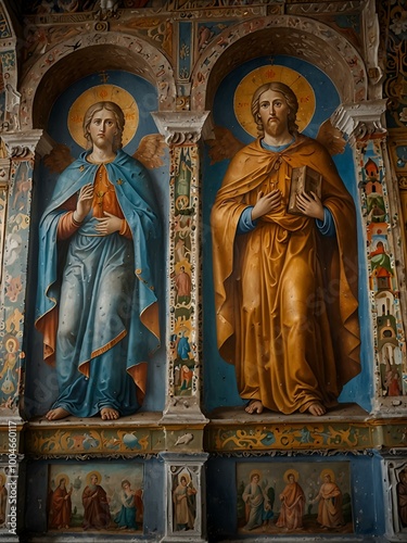 Frescoes from the 17th century adorn the Cathedral of St. Sophia in Vologda, Russia.