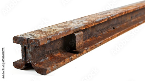 Close-up of a single rail track, isolated on white with visible metal texture.