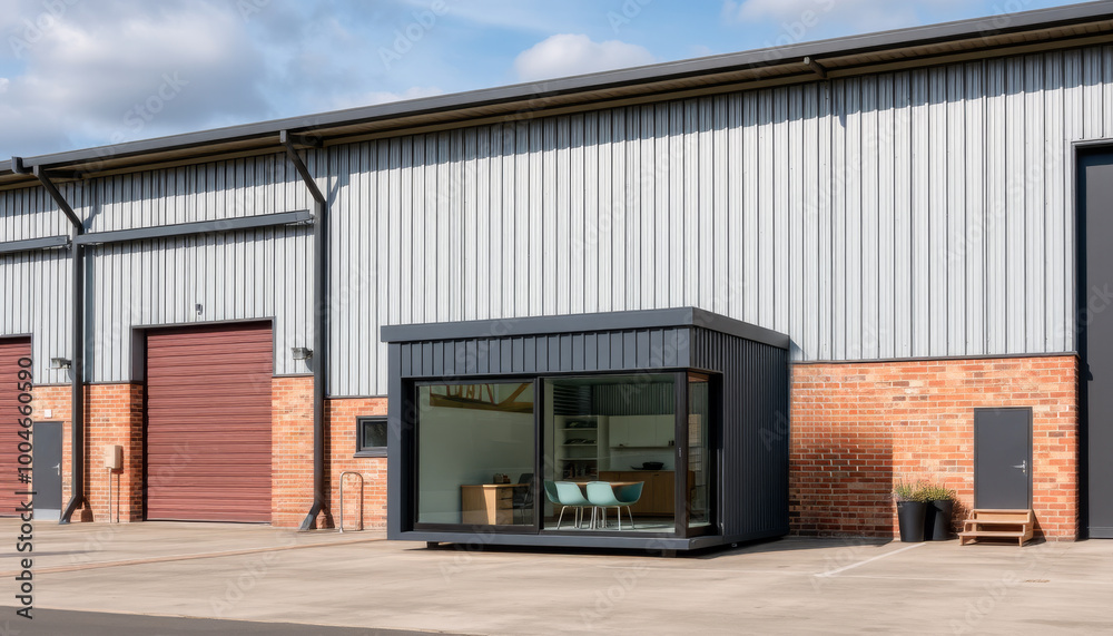 Small office next to a large warehouse building Small office next to a large warehouse building