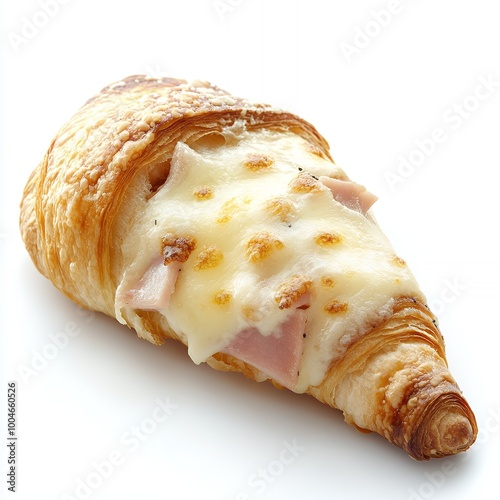 A golden brown croissant filled with ham and melted cheese.