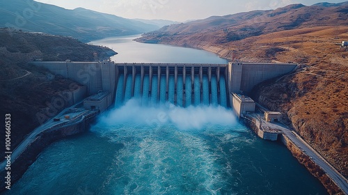 hydroelectric power station with a massive dam and water spillways, demonstrating the importance of sustainable energy solutions for electricity production and conservation photo