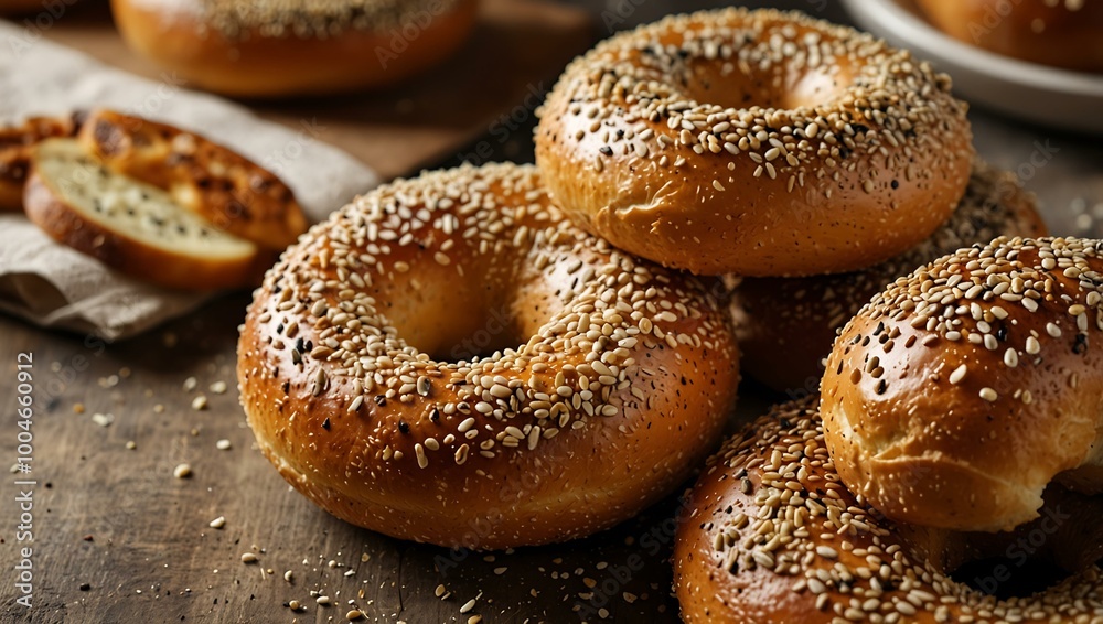 Freshly baked golden sesame bagels showcasing their crispy texture and inviting aroma. Freshly baked golden sesame bagels showcasing their crispy texture and inviting aroma.