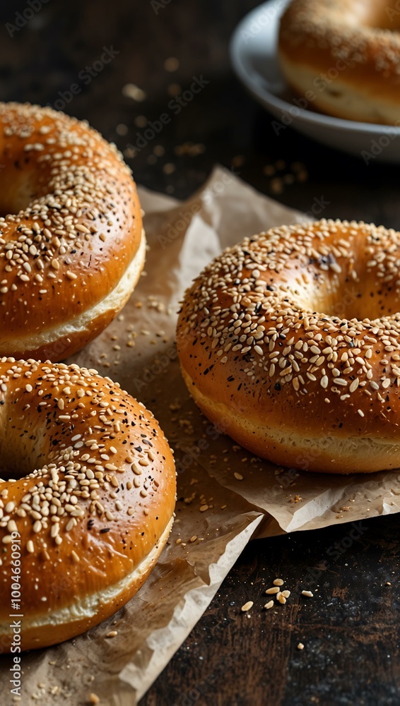 Freshly baked golden sesame bagels showcasing their crispy texture and inviting aroma. Freshly baked golden sesame bagels showcasing their crispy texture and inviting aroma.