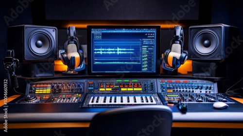 Music Production Studio: A professional music production studio with a computer, mixer, speakers, and headphones. Perfect for showcasing the tools and technology used in the creation of music.  photo