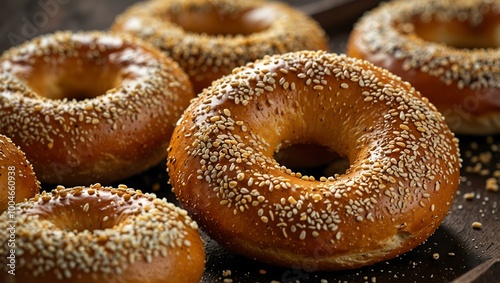 Freshly baked golden sesame bagels showcasing their crispy texture and inviting aroma.