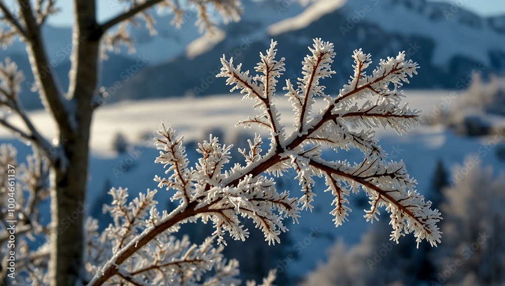 Frost-covered branches in front of Swiss Alps. Frost-covered branches in front of Swiss Alps.