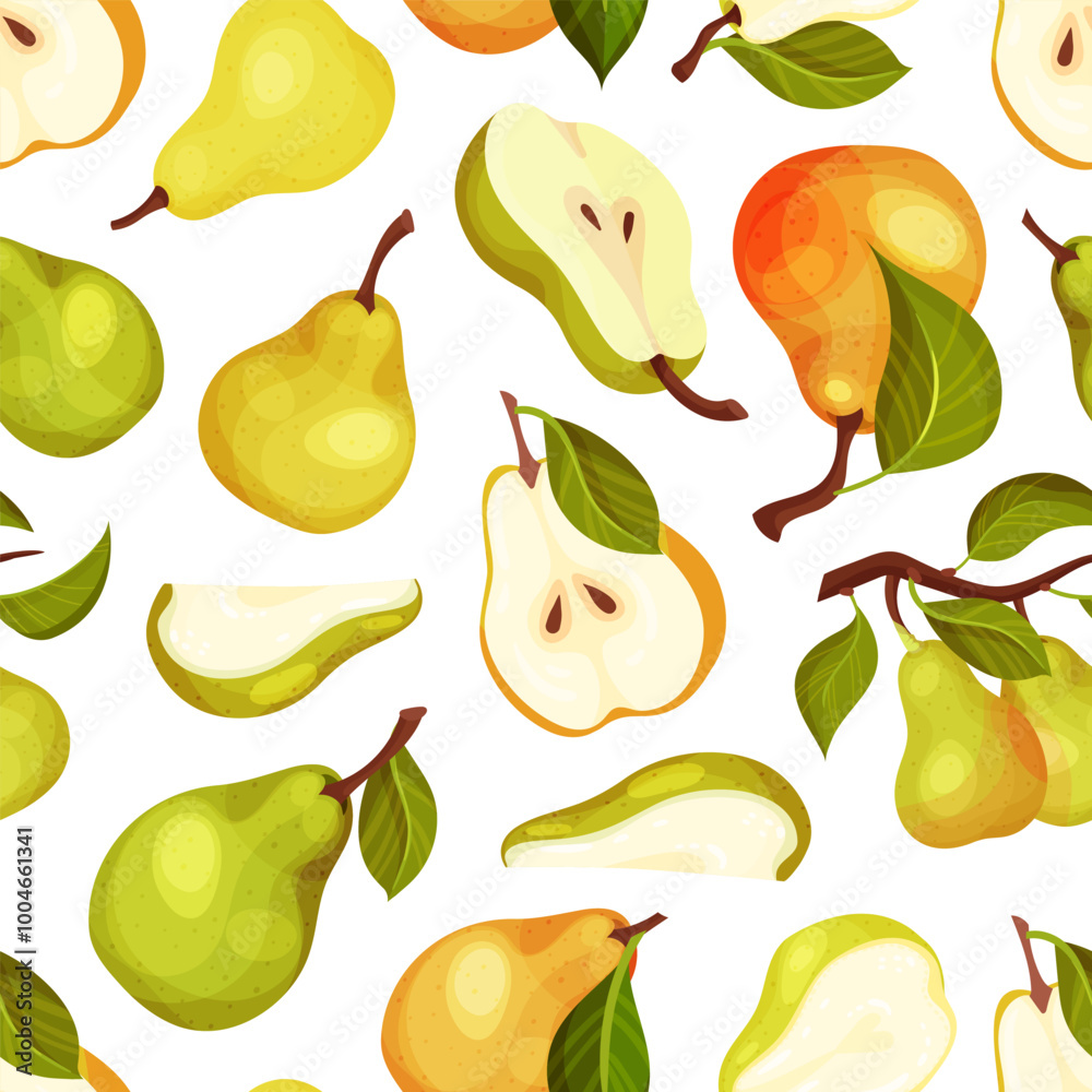 Fresh Pear Fruit Seamless Pattern Design with Garden Crop Vector Template Fresh Pear Fruit Seamless Pattern Design with Garden Crop Vector Template