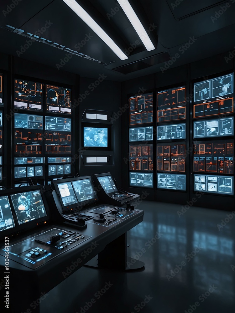 Futuristic control room filled with glowing screens. Futuristic control room filled with glowing screens.