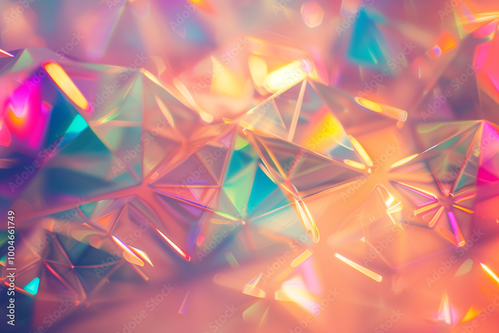 A close-up view of colorful, refractive crystal shapes creating a vibrant, abstract background. The light interacts with the facets, producing a spectrum of colors and reflections A close-up view of colorful, refractive crystal shapes creating a vibrant, abstract background. The light interacts with the facets, producing a spectrum of colors and reflections