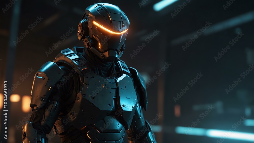 Futuristic military armor with glowing visors. Futuristic military armor with glowing visors.