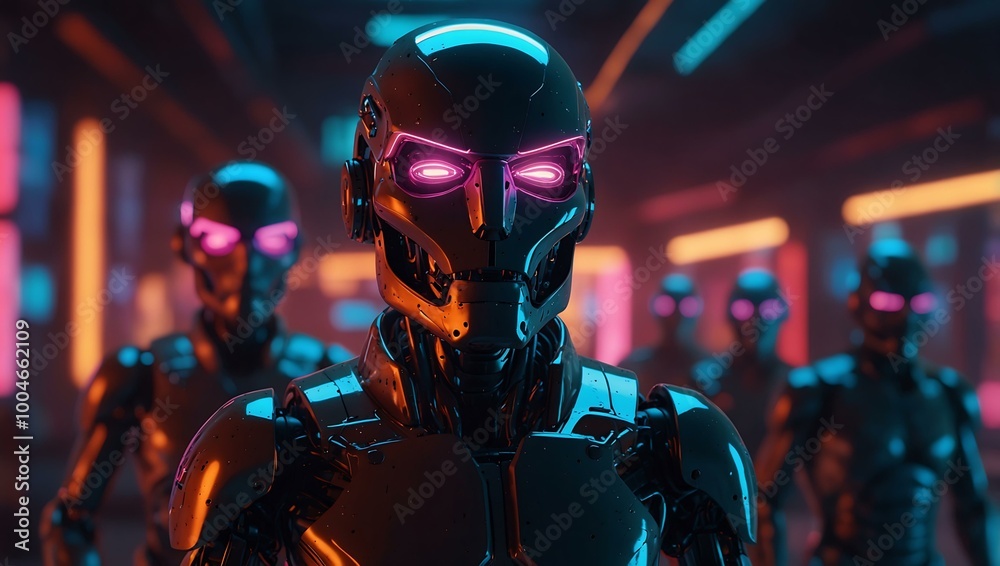 Futuristic robots with glowing visors in neon surroundings. Futuristic robots with glowing visors in neon surroundings.