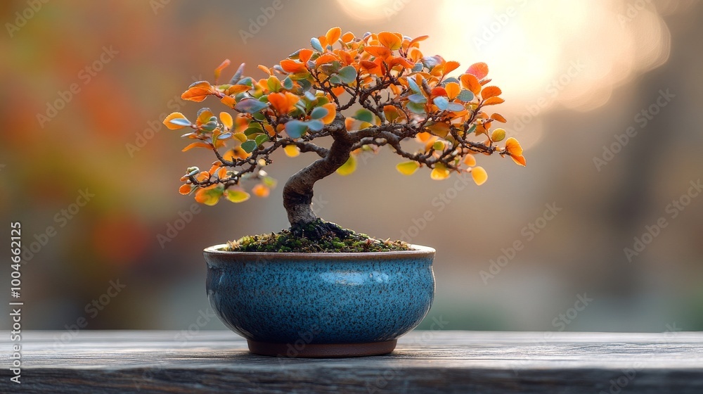 Bonsai tree in ceramic pot with autumn