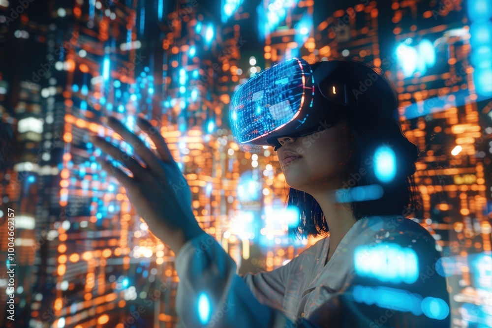 A person engages with immersive virtual reality technology in a futuristic setting A person engages with immersive virtual reality technology in a futuristic setting
