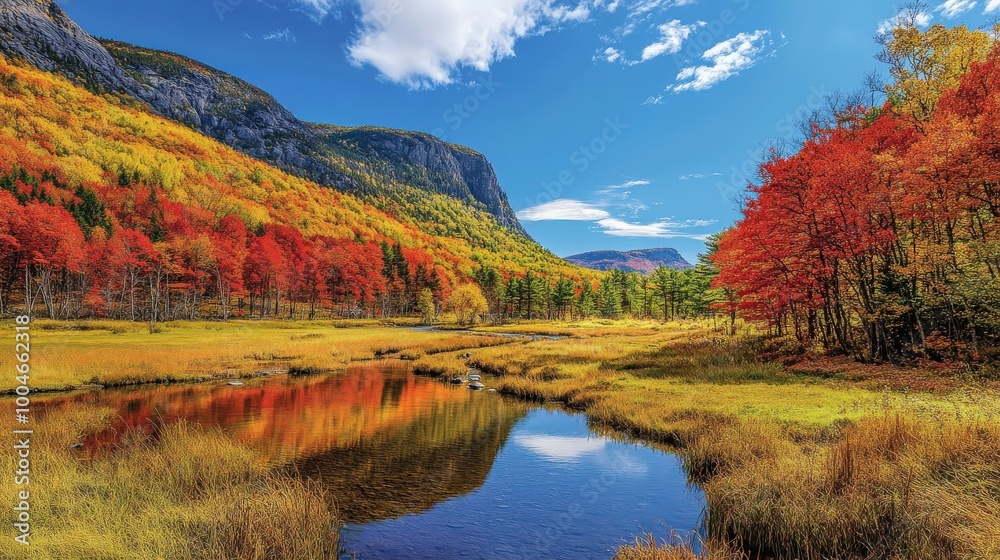 Vibrant autumn landscape with a serene pond reflecting colorful foliage and majestic mountain peaks under a clear blue sky. Vibrant autumn landscape with a serene pond reflecting colorful foliage and majestic mountain peaks under a clear blue sky.
