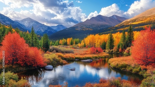 A vibrant autumn landscape in a mountainous region with a tranquil lake and colorful foliage.