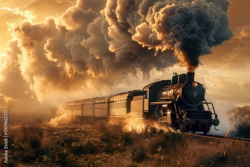 A steam train is traveling down a track with smoke billowing from its engine, generative ai image