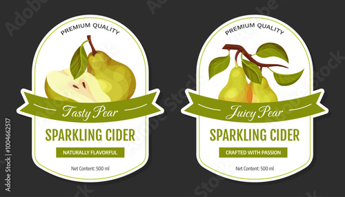 Fresh Pear Fruit Cider Label Design with Garden Crop Vector Template