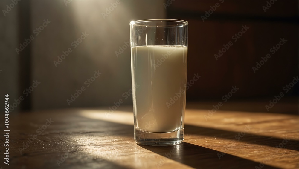 Glass of milk reflecting soft sunlight on a wooden table.