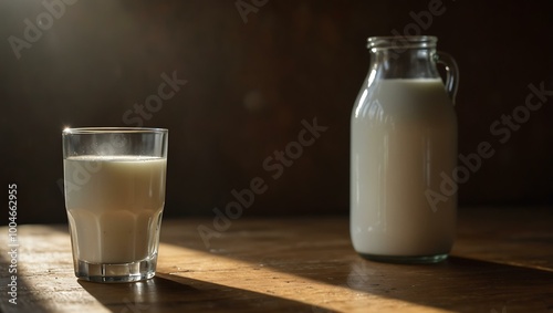 Glass of milk reflecting soft sunlight on a wooden table.