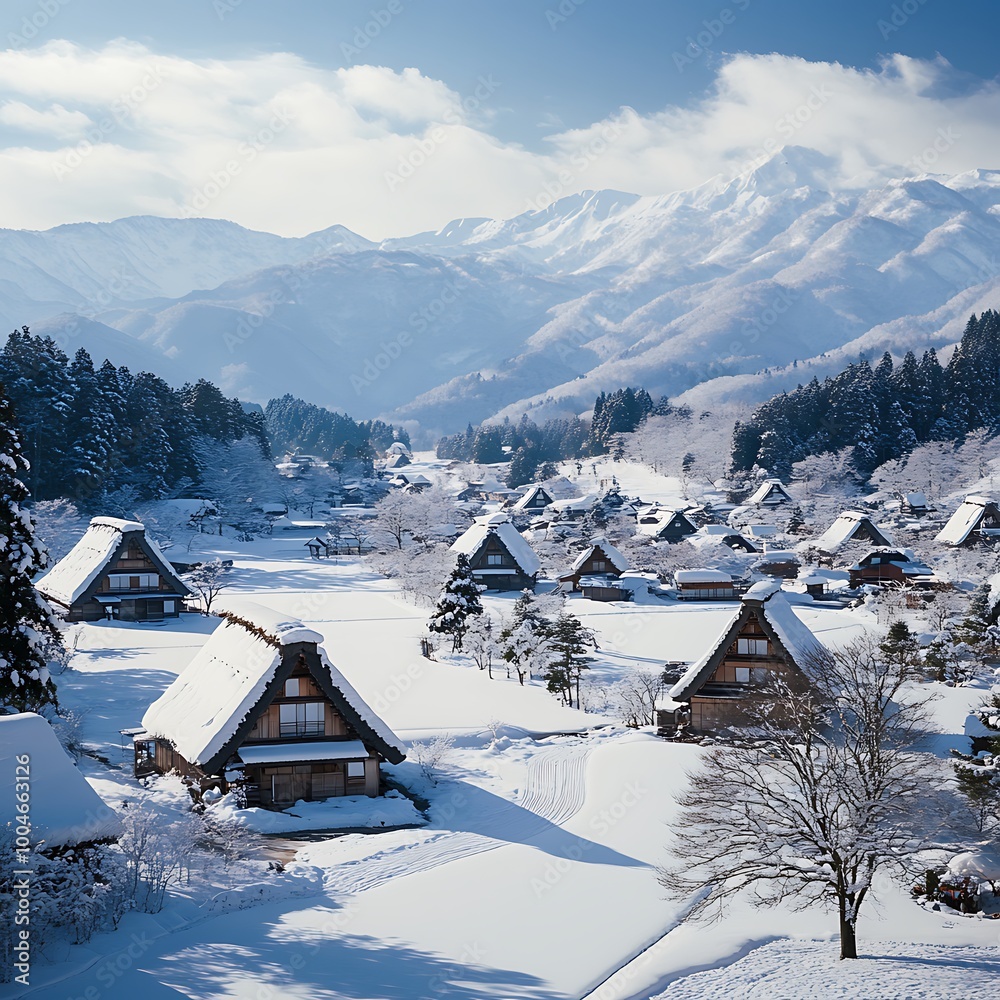 Fototapeta premium Picturesque shirakawago village covered in winter snow picture