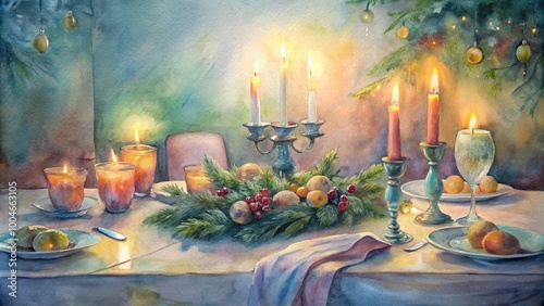 Christmas dinner table set with holiday decor, watercolor style