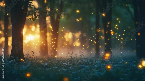 Magical Forest Fireflies at Sunset Seamless Looping Background