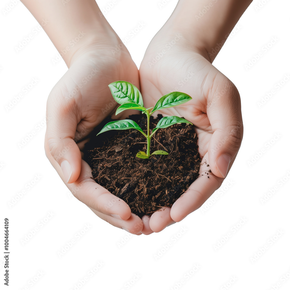 Hands gently holding a young green plant with soil, symbolizing growth, sustainability, environmental care and eco-friendly practices, isolated on transparent background Hands gently holding a young green plant with soil, symbolizing growth, sustainability, environmental care and eco-friendly practices, isolated on transparent background