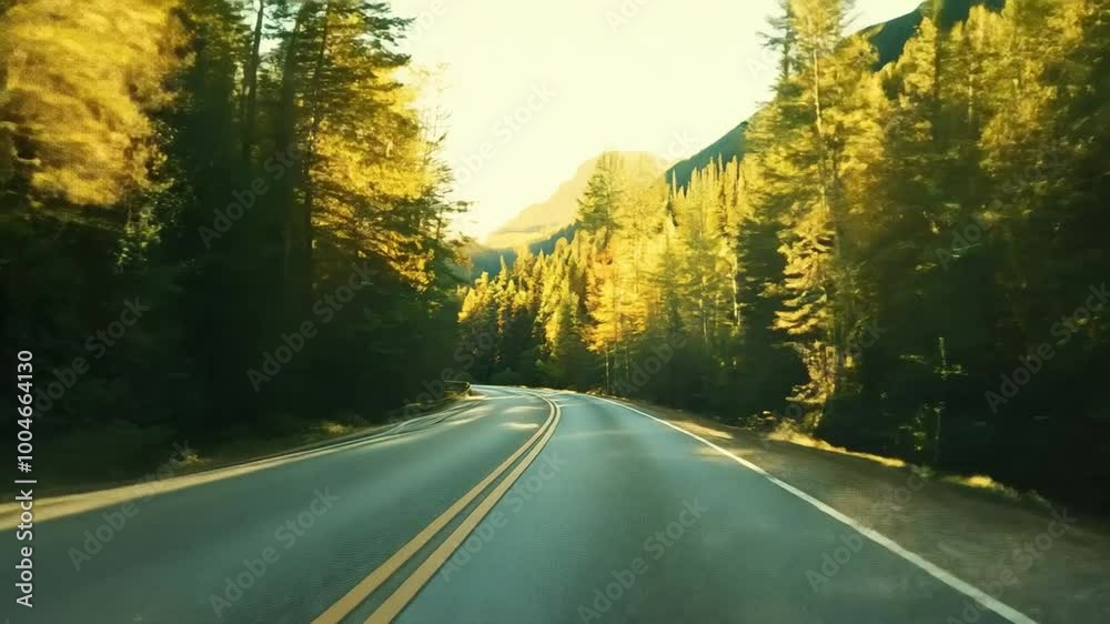 Slow-motion montage showcases a winding forest road, with sunlight filtering through the trees, creating a serene atmosphere