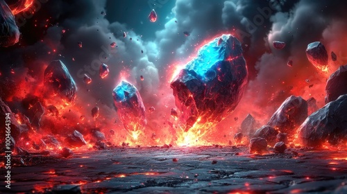 Floating lava rocks in dramatic volcanic eruption with fiery skies and clouds